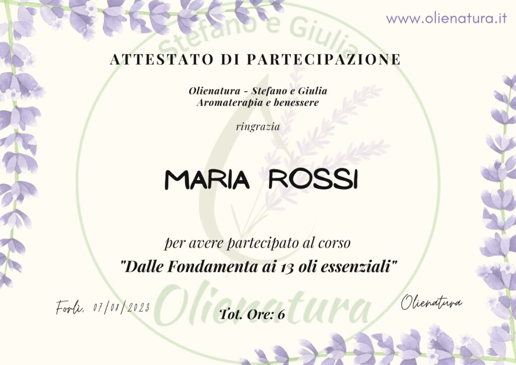 Attestato corso Oli essenziali esempio